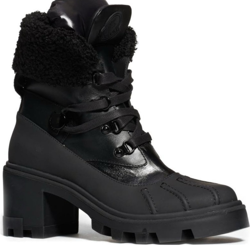 Moncler Corinne Faux Shearling Cuff Block Heel Hiking Boot   |   Size 38.5